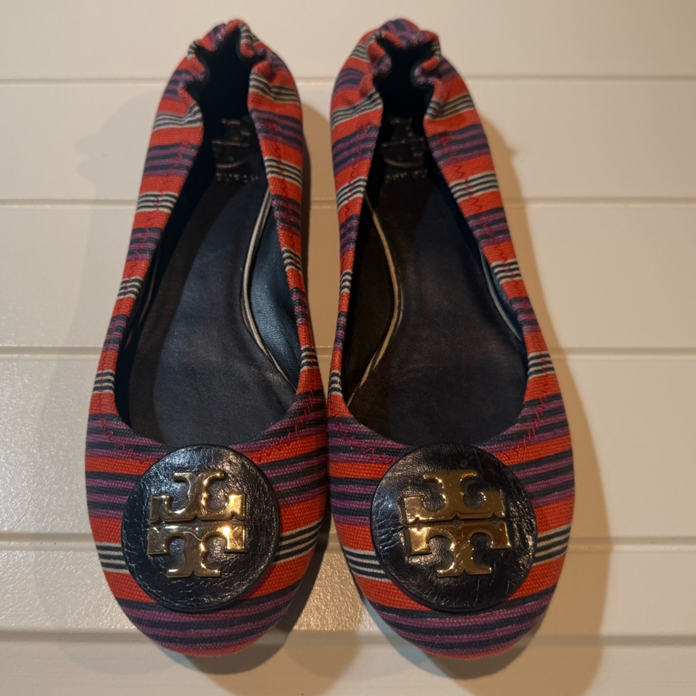 Tory Burch Striped Flats - Red and Black